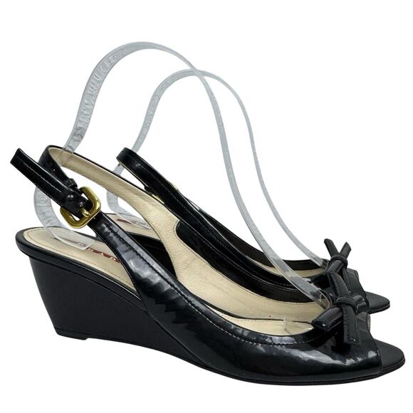 Prada Womens Black Patent Leather Bow Wedge Sandals Heels Size 38.5 Slingback